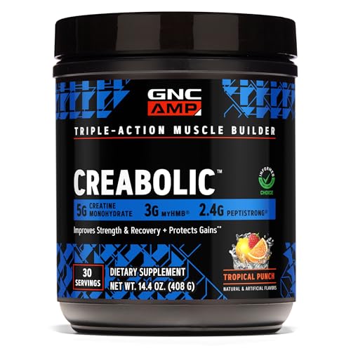 GNC AMP Creabolic - Creatine Monohydrate Powder - High-Potency 5g Creatine with HMB & PeptiStrong - Triple Action Muscle Formula - No Added Sugars - Tropical Punch - 30 Servings