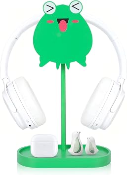Frog Cute Headphone Stand with Storage Tray, HSSZXFR Decorative Wooden Headphone Stand Hanger with Cable Holder, Desk Decor Gaming Gifts for Player Girlfriend Office Worker, Headset Holder Accessories