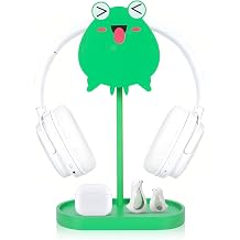 Frog Cute Headphone Stand with Storage Tray, HSSZXFR Decorative Wooden Headphone Stand Hanger with Cable Holder, Desk Decor Gaming Gifts for Player Girlfriend Office Worker, Headset Holder Accessories