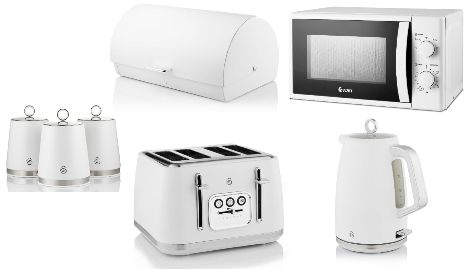 Swan White Serenity Kitchen Set Of 7 Including 1.7L 3Kw Jug Kettle, 4 Slice Toaster, Bread Bin & 3 Canisters Plus 700W 20L Microwave Sm4420wht. Contemporary Matching Kitchen Set In