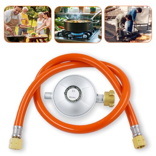 Gasdruckregler 50mbar, Schraubanschlüssen 1/4 Links, Grill Umrüstset, Gasschlauch mit druckminderer Set, Gasschlauch für Grillabende, Camping, Heizbedarf oder Picknicks im Freien (1,5M)