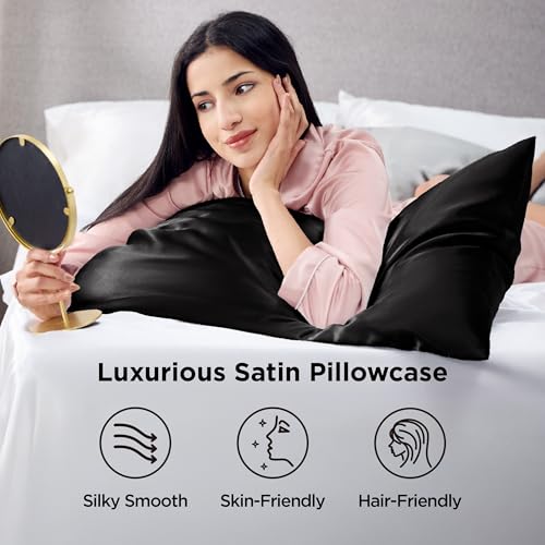 Image of Bedsure King Size Satin Pillowcase Set of 2 - Black Silky Pillow Cases for Hair and Skin with Envelope Closure, Similar to Silk Pillow Cases, Gifts for Women Men, 20x36 Inches, 2pcs