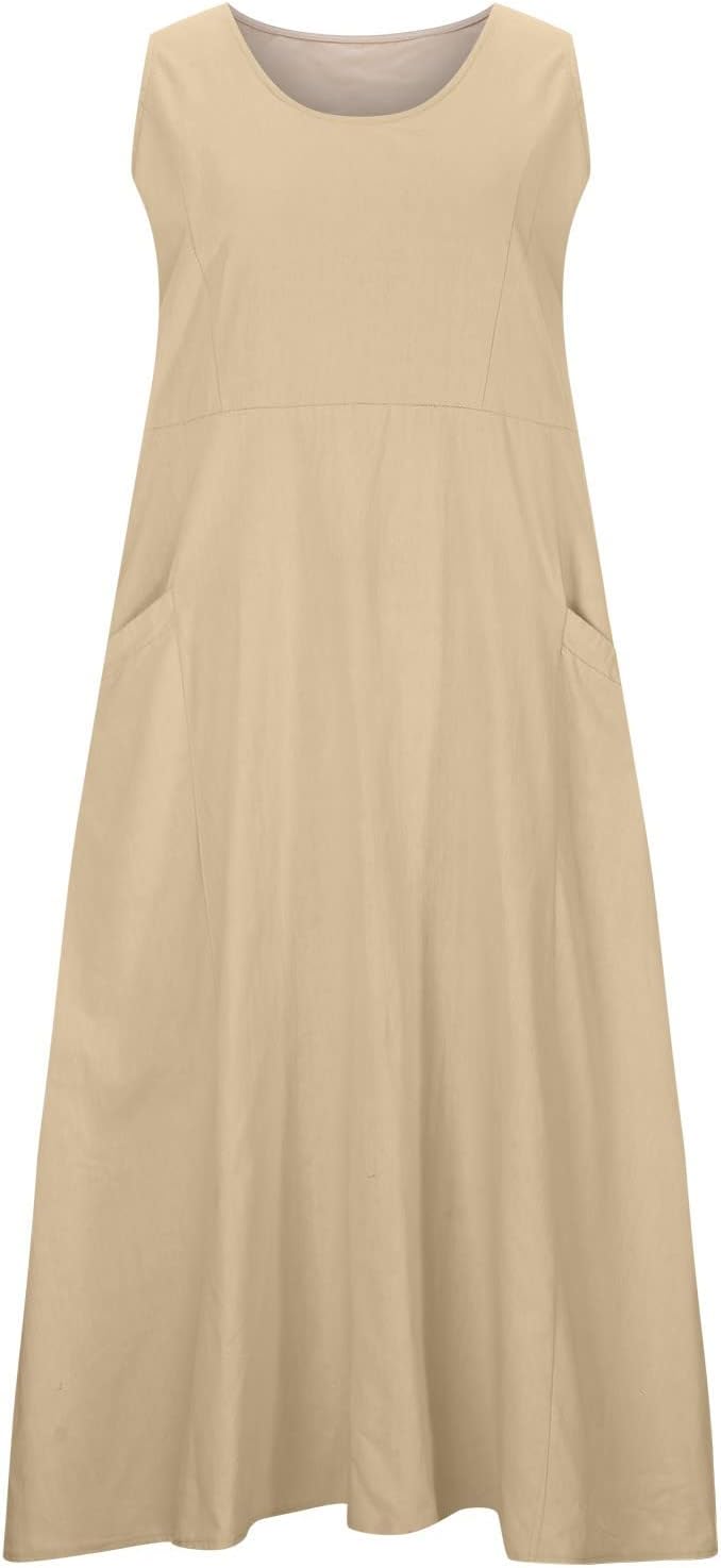 FZYLQY Ladies Summer Cotton Linen Long Dress Sleeveless Elegant Flowy Dresses Plus Size Loose Comfy Dress with Pockets