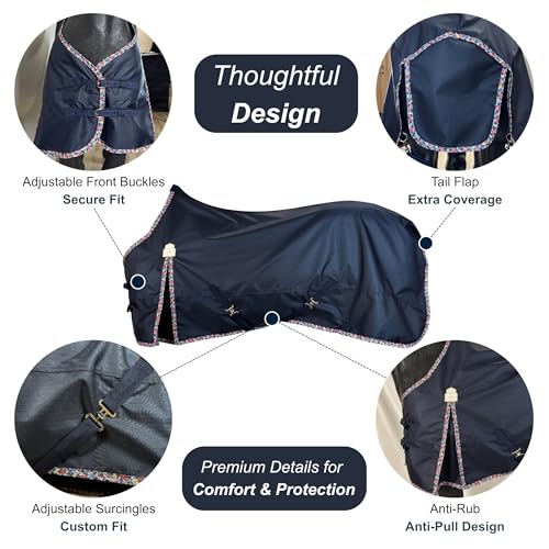 Image of BARN & STABLE 600D Ripstop Lightweight Horse Turnout Sheet No Fill,Water-Resistant & Breathable Horse Blanket for Spring and Mild Weather, with Anti-Rub Fleece Withers (Navy with Floral Trim, 69 in)