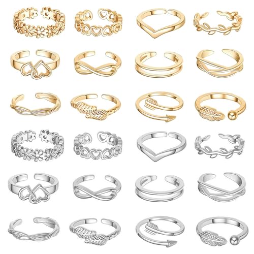 Image of 12PCS Toe Rings for Women 14K Gold /Silver Plated Adjustable Toe Ring Set Open Heart Arrow Infinity Rings Beach Foot Jewelry for Summer