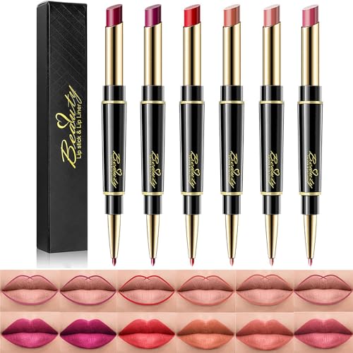 Skynest 6Pcs Lip Liner and Lipstick Set, 2 in 1 Makeup Set Double Head Matte Mat Lipstick & Lip Liner Dark Red Lipstick Matte Gift Kit (#1)