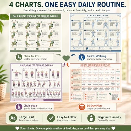4-in-1 Tai Chi Chair Workout Chart System for Seniors Set, 30-Day Challenge | 36 Gentle Tai Chi Movements for Balance, Mobility, Confidence, Includes Walking, Yoga & 30-Day Plan, 11.8 X 8.3 Inch - image 3