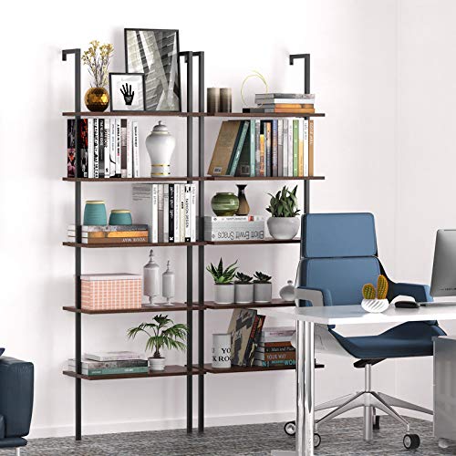 Ladder Shelf Bookshelf, 5 Tier Wall-Mounted Industrial Ladder Bookcase, Open Wood Storage Organizer with Metal Frame, Utility Rack Plant Stand for Living Room, Kitchen, Office