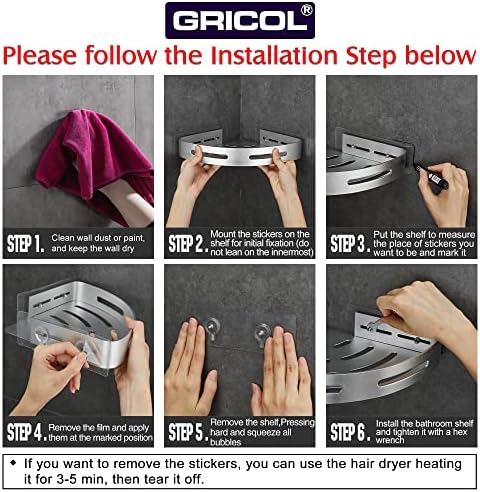 Gricol Shower Corner Shelf No Drilling Space Aluminum Wall Mounted with Stickers Organiser Adhesive Shower Caddy Basket for Bathroom Silver