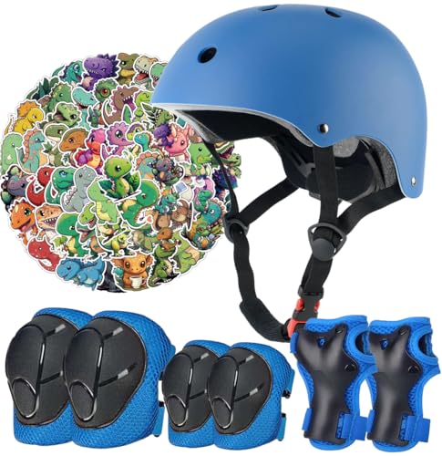 Kids Bike Helmet Set CPSC Certified with Knee Elbow Wrist Pads Guards Toddler Adjustable Black Helmet for Ages 2-3-5-8 Girls Child Sports Protective Gear Set for Bicycle Skate Scooter Blue