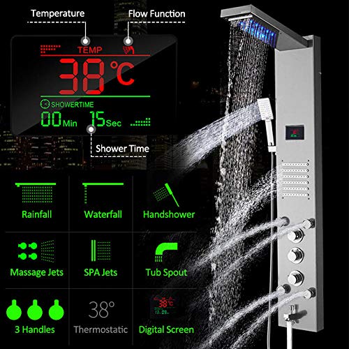 Panel de ducha LED negro con pantalla de temperatura, cascada y tres manetas, grifo mezclador para fregadero (acabado níquel cepillado) miniatura 1