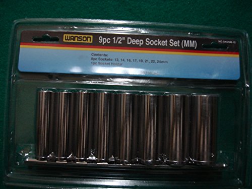 WANSON 9-Piece | ½' (1.3 cm) Deep Socket Set | Sizes 13mm-24mm | 3' (7.6 cm) Long Sockets | Heavy-Duty Holder Rack | Wall/Bench Mountable