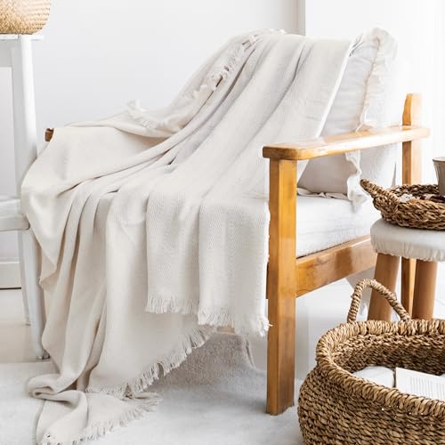 Milam London - Plaid en coton | Plaids doux pour fauteuils, canapé, méridienne | Plaid de lit simple, 170 x 200 cm | Crème (éclairci au blanc)