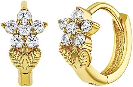 Gold Plated Clear Cubic Zirconia Flower Small Hoop Huggie Earrings for Little Girls 8mm - Sparkling and Stunning Floral Earrings for Girls - Lightweight Huggie Hoop Earrings