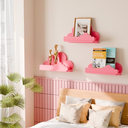 Lot de 3 étagères murales nuage en bois rose pour une chambre de bébé