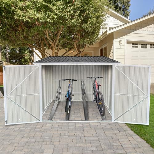 Metal Bike Storage Shed for 4 Bicycles, Outdoor Low Profile Steel Bike Shed with...