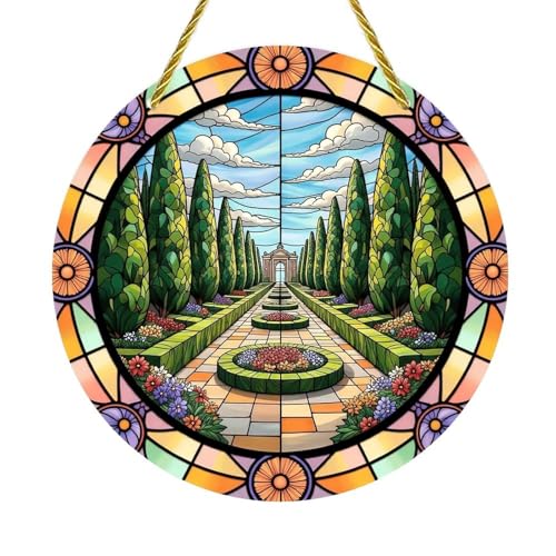 Acrylic Stained Panel Hanging-Formal Garden with Blooms Round Window Hanging Ornament,Wall Art Panel for Indoor/Outdoor Decor,Gift,Birthday for Women, Men, Wife, Aunt, and Mom 7.8in