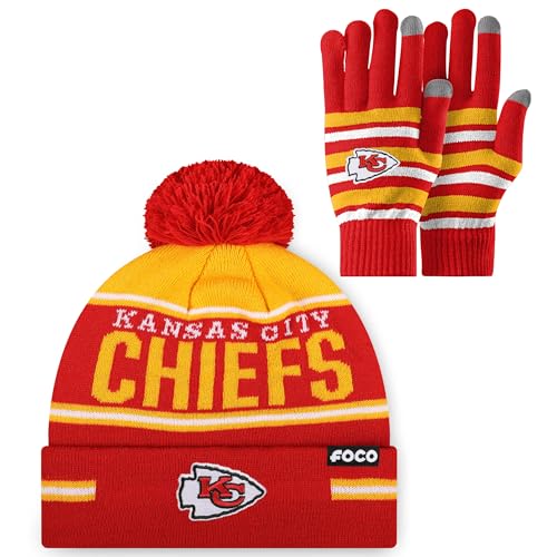 FOCO Kansas City Chiefs NFL Stretch Glove & Big Wordmark Stripe Pom Beanie - Bundle Team Color