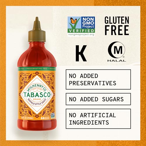 Image of TABASCO Brand Buffalo Style Sauce, Medium Hot Sauce, Easy-to-Squeeze Bottle, Thick & Tangy, Five Simple Ingredients, Great on Chicken Party Wings & More, 8.6 Fl Oz (Pack of 1)