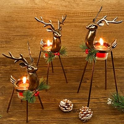 Juegoal Set of 3 Reindeer Tealight Candle Holders, Standing Iron Metal Christmas Decorations, Glass Votive Candle Holder, Durable and Rust-Proof Holiday Tabletop Centerpiece and Display