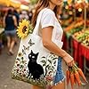 Black Cat Tote Bag Gifts, Cat in Flower Reusable Cotton Bag for Women, Durable and Foldable Cloth Shoulder Bags for Shopping, Vacation, Work, Gym, Gift for Cat Lovers & Art Fans #2