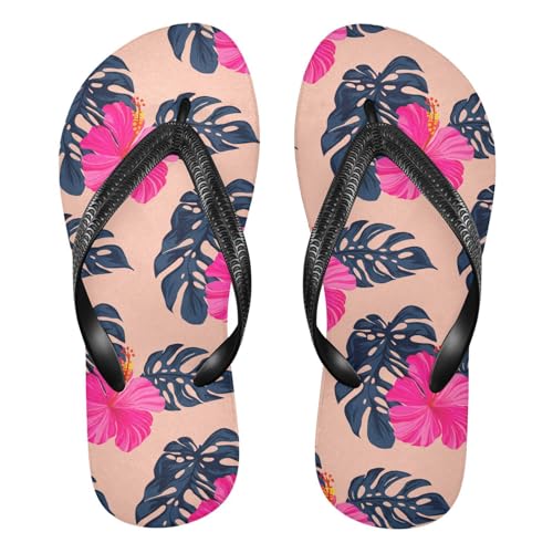 Pink Hibiscus Leaves Flip Flops for Beach Thong Sandals Anti-slip Lightweight Beach Shoes for Summer Outdoor Travel