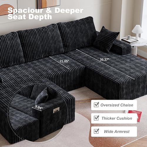 Image of Modular Sectional Sofa Couches L-Shape Couch 3 Seat Modular Sofa Memory Foam Sectional Couches for Living Room (Black, 108 inch+Right Chaise + Ottoman)