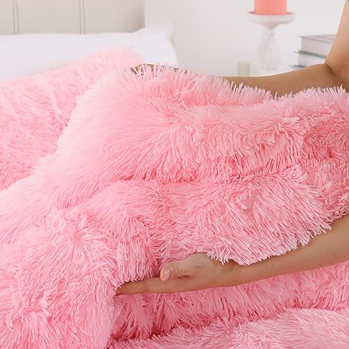 Smoofy Fluffy Twin Comforter Set, Faux Fur Comforter Set Pink, Luxury Fuzzy Twin Bedding Set Pink, Soft Shaggy Bed Set for All Season, 2 Pieces - 1 Comforter & 1 Pillowcase
