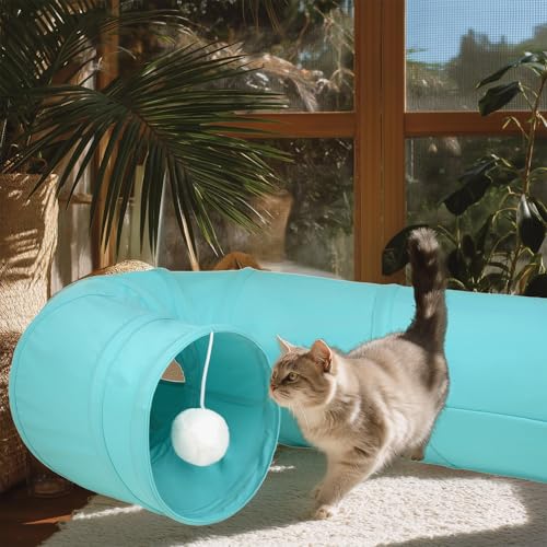 Image of Cat Tunnel, 2-Way Collapsible Cat Tube with Interactive Peek-A-Boo Hole, Toy Ball, and Rope - Ideal for Indoor Cats, Kittens, and Rabbits (Light Blue)