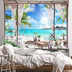 QCWN Beach Decor Tapestry, Ocean Sea Tropical Island Palm Tree Scenic View From Balcony Summer Tropical Scenery Wall… 511dy F+52L. SS280
