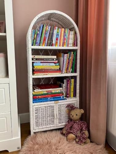 White Bookshelf With Cabinet, Nursery Organizer, Office Organizer, Natural Wicker Furniture 124Cm High #TOP24