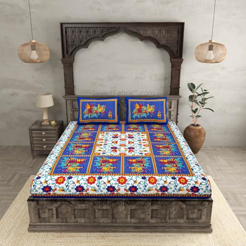 Image of JaipurFabric Cotton 180 TC Sanganeri Print Double Bedsheet with 2 Pillow Covers (90 inch X 108 inch), Blue