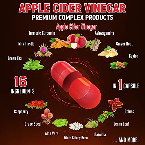 16 In 1 Apple Cider Vinegar Capsules, Equivalent To 14500Mg, With Turmeric, Cinnamon, Milk Thistle, Garcinia Cambogia, Quercetin, Best Supplement For Keto, Detox & Weight Management (120 Capsules) #TOP5