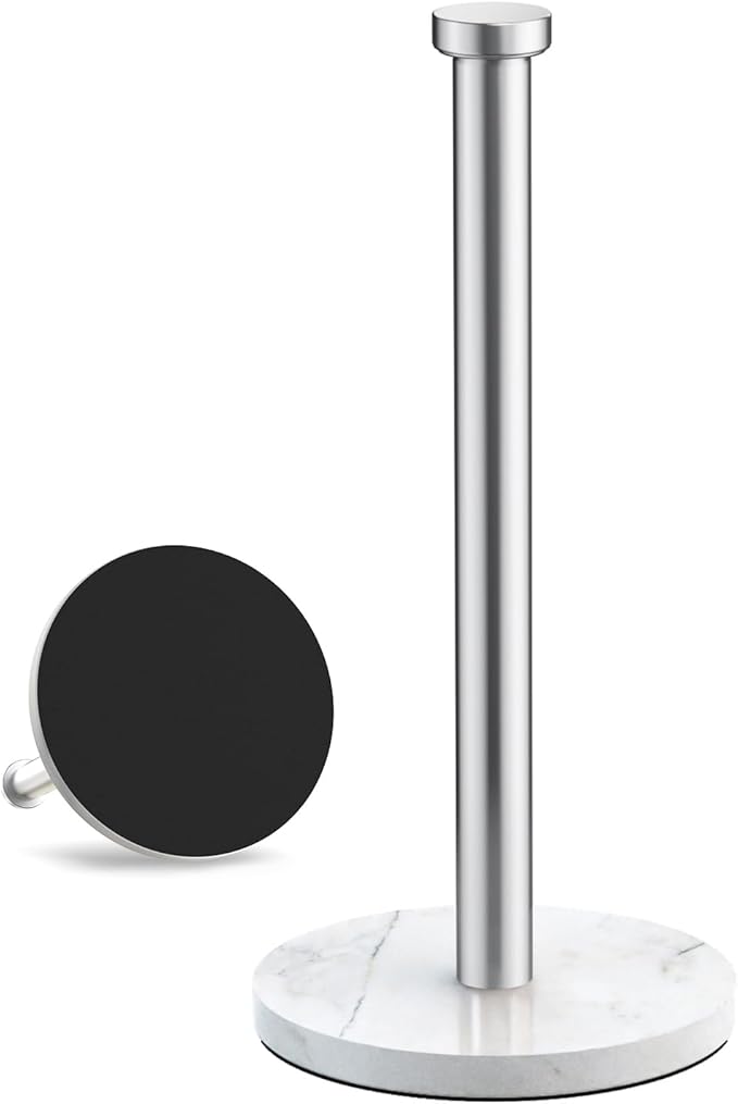 VEHHE Paper Towel Holder Countertop, Stainless Steel Paper Towel Holder Stand with Weighted Base Suction Cups, Standing Paper Towel Roll Holder for Kitchen Bathroom (Silver)