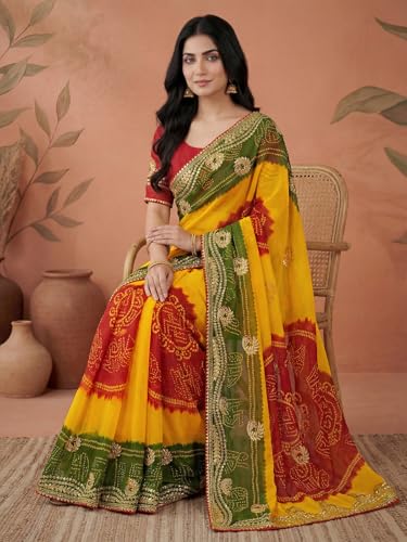 Image of SIRIL Women's Bandhani Printed Embroidery Georgette Saree with Unstitched Blouse Piece
