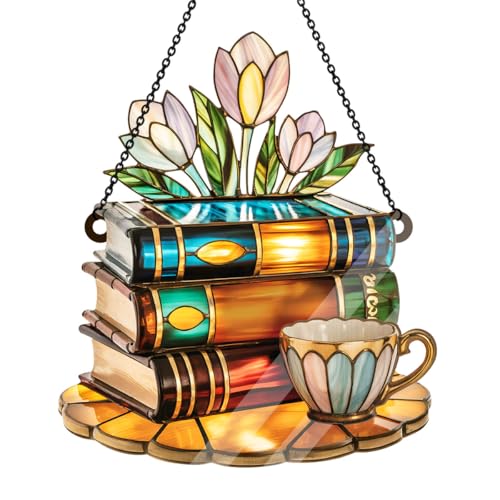 Jesuspirit - Window Hanging Suncatcher – Crystal Clear Acrylic & Wood Sun Catcher for Home Decor, for Women (Tea Cup and Library, 8 Inches)