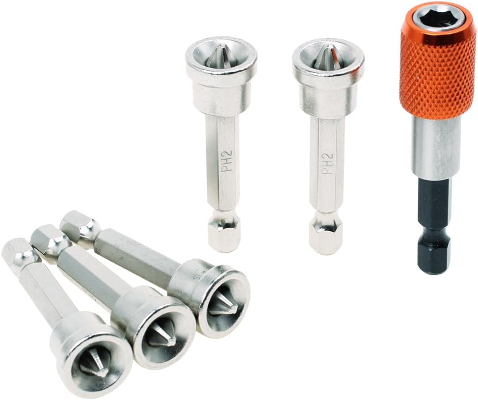 AUTOTOOLHOME 6PCS Magnetic Drywall Screw Setter Bits Set – Plasterboard Screwdriver Driver Bits with 2" Quick Change Holder, Depth Stop Positioning Batch Head for Drill & Impact Driver