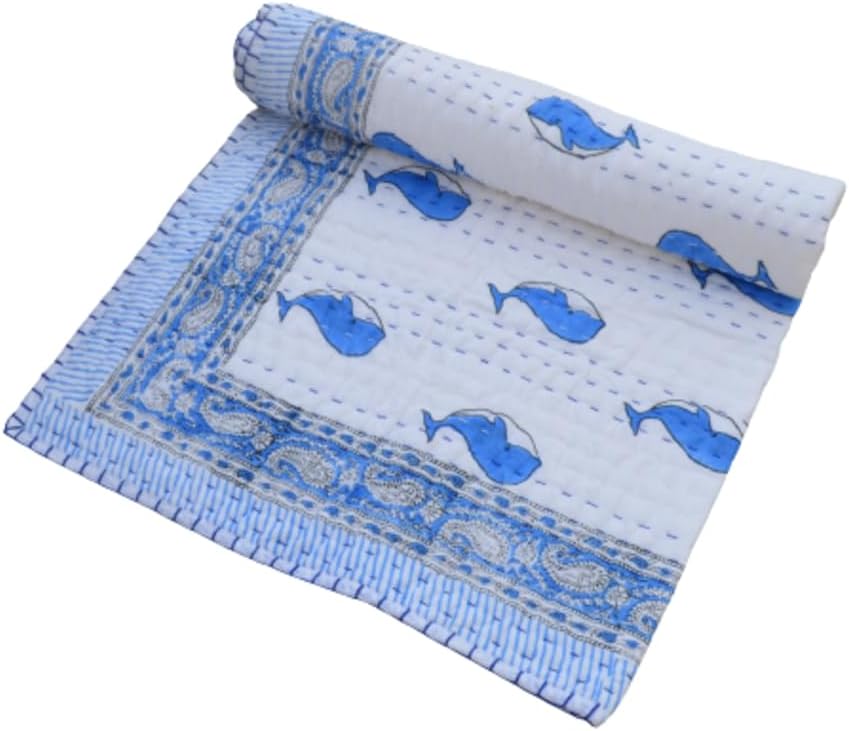 Aashita Creations Toddler Hand Work Kantha Cotton Baby Quilt, Bedspread Throw Floral Printed Baby Quilt_1019