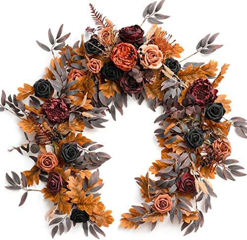 Ling's moment Halloween Eucalyptus Garland with Flowers 6FT，Table Runner with Flowers Handcrafted Wedding Centerpieces for Rehearsal Dinner Bridal Shower | Black & Terracotta