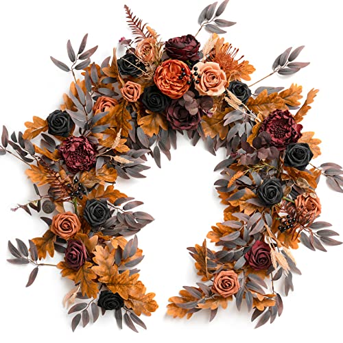 Ling's Moment Halloween Eucalyptus Garland With Flowers 6Ft，Table Runner With Flowers Handcrafted Wedding Centerpieces For Rehearsal Dinner Bridal Shower | Black & Terracotta #TOP1