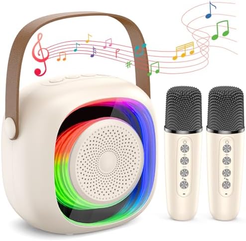 Mini Karaoke Machine, Portable Bluetooth Karaoke Speaker with 2 Wireless Microphones and Party Lights for Kids and Adults, Birthday Gifts for Girls Boys Family Home Party(Beige)