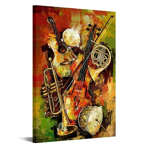 iHAPPYWALL Vintage Music Canvas Wall Art Abstract Guitar Drum Violin Colorful Musical Instruments Theme Picture for Bedroom Living Room Ready to Hang 24x36inch (Multi-color)