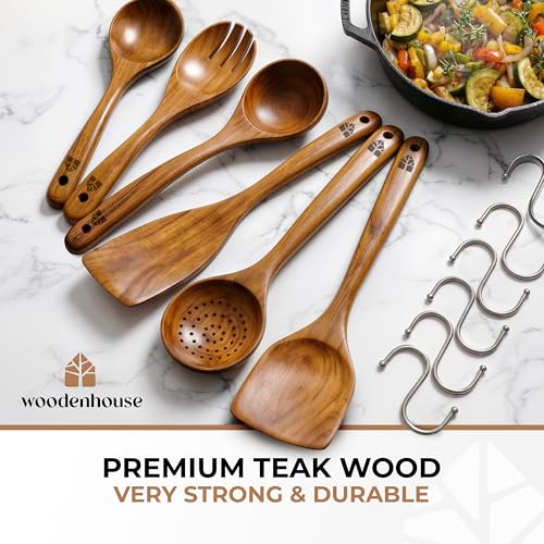 Image of Wooden Spoons for Cooking - 6 Pcs Premium Teak Wooden Utensil Set with Hooks - Durable, Nonstick Safe, Easy to Clean & Heat Resistant with Ergonomic Handles