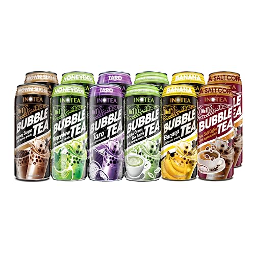 (Pack of 12) INOTEA Bubble Tea | Choose One Flavor: Brown Sugar, Taro, Honeydew, Banana, Matcha Latte, Sea Salt Coffee, and Assorted | Ready to Drink in a Can (16.6oz/can) | Black Milk Tea with Boba (Assorted (6 Flavors x 2))