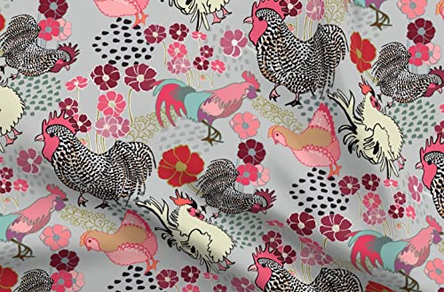 Spoonflower Fabric Chickens Pink Floral Farm on Cotton Poplin
