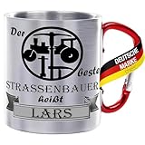 Crealuxe Edelstahltasse mit Karabiner - Der beste Strassenbauer - 330ml, Edelstahl Tasse personalisiert, Kaffeetasse, Bürotasse, Metalltasse mit Name