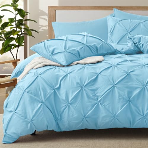 VACVELT 5PC Light Blue Pintuck Duvet Cover Full/Queen, Zipper & Ties