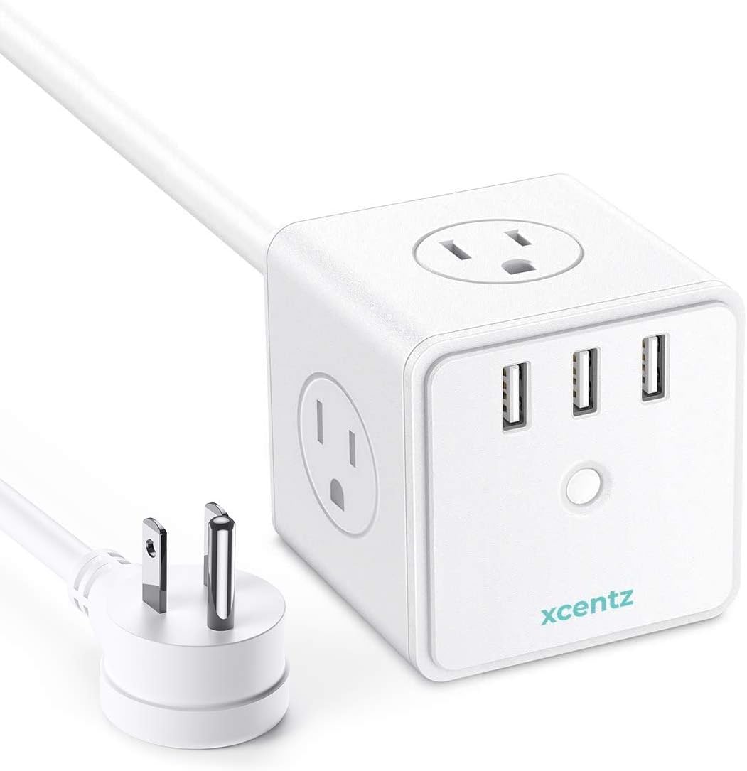 Xcentz Power Strip Cube White with USB 4 Outlet and 3 USB Ports Surge Protector Power Strip Flat Plug with 5 ft Extension Cord, Overload Protection, Switch Control Compact for Desktop, Office, Home