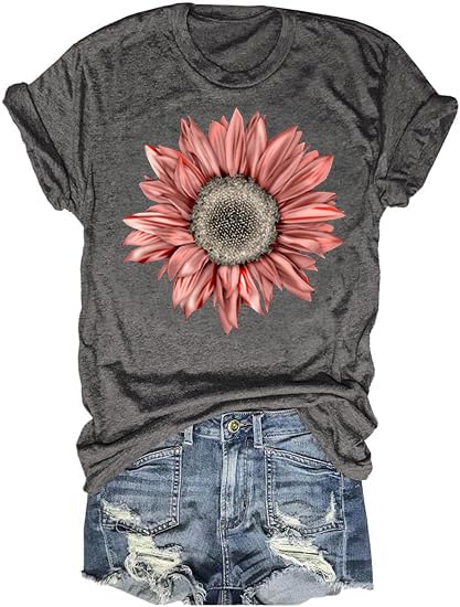 Womens Cute Flower Tshirt Sunflower Graphic Tees Crew Neck Summer Short Sleeve Loose Fit Tops