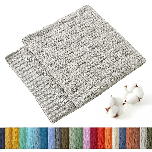 Image of TREELY 100% Cotton Knitted Throw Blanket 50 x 60 Inches, Light Grey